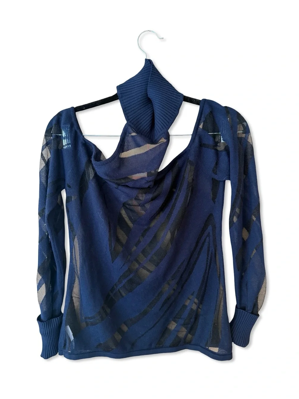 Cult Gaia Tracie knit top sheer navy off shoulder print $350 sz L